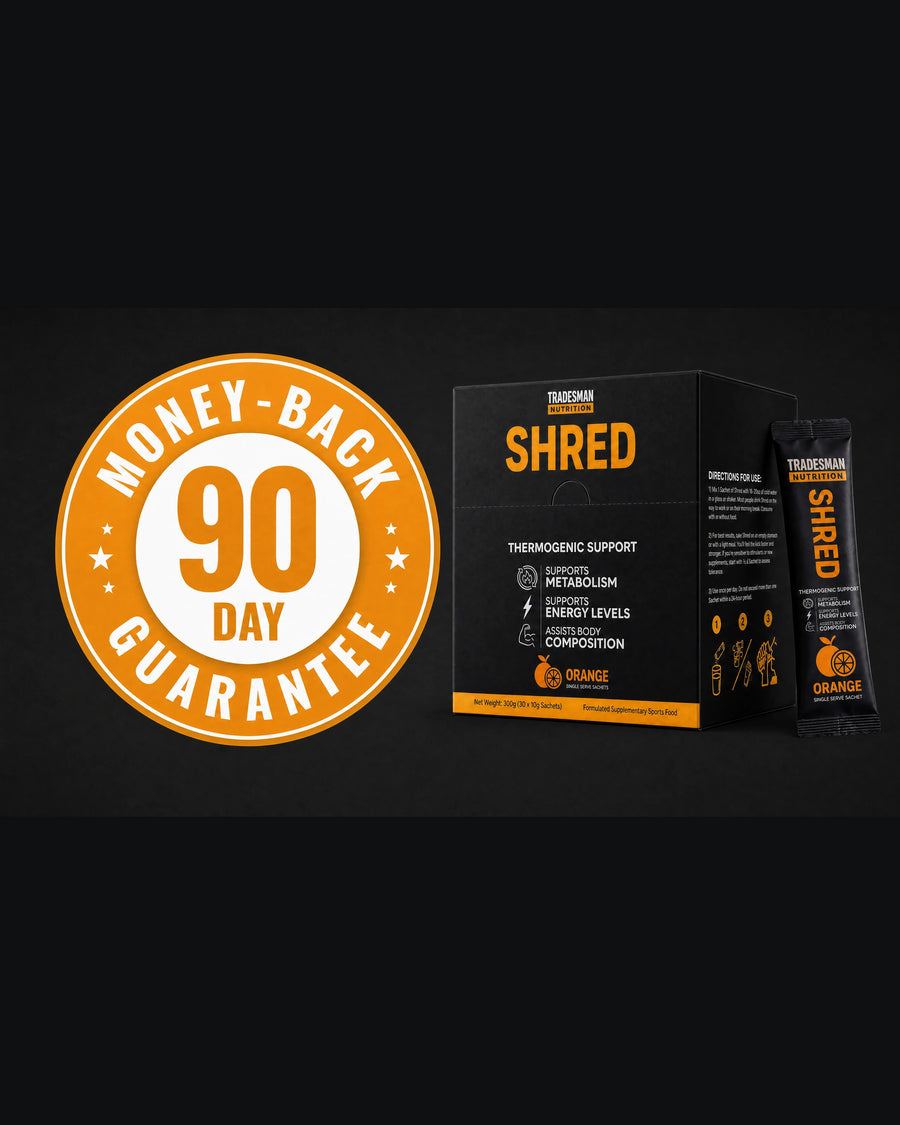 Shred 90 day money-back guarantee badge with the Shred box
