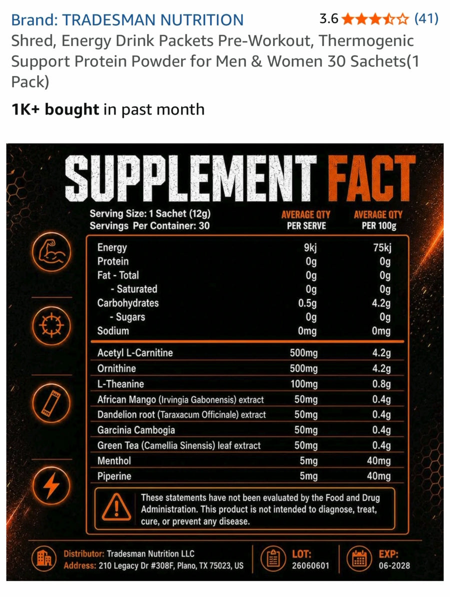 The counterfeit Amazon listing showing its weak, underdosed supplement panel